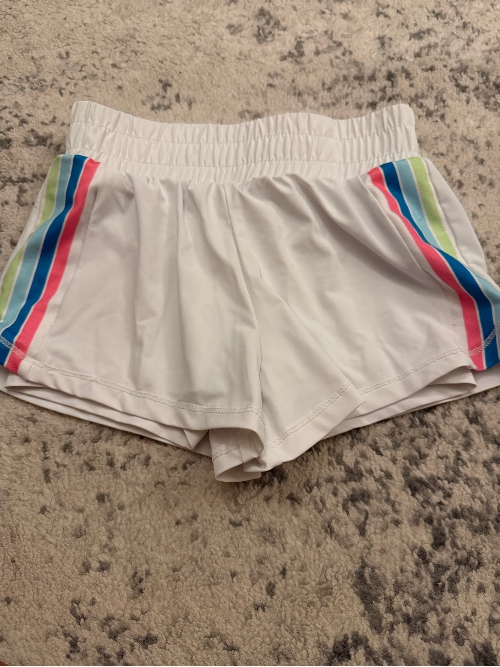 Girls' White Athletic Shorts with Rainbow Side Stripes